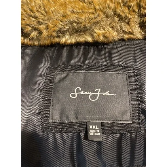 Sean John Mens Bomber Jacket Sz 2x Black Faux Fur Brown Collar Heavy Duty Vented - Picture 5 of 12